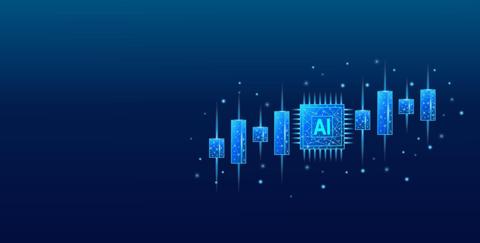 AI chip and stock candles on an electric blue wireframe vector