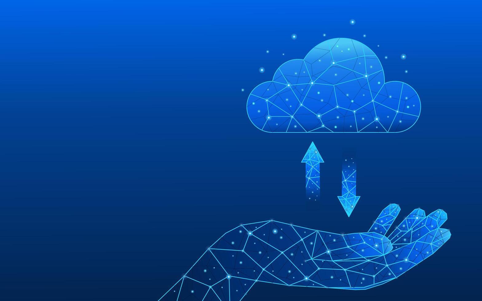 An abstract hand holds a digital cloud computing icon with low-poly up and down arrows vector