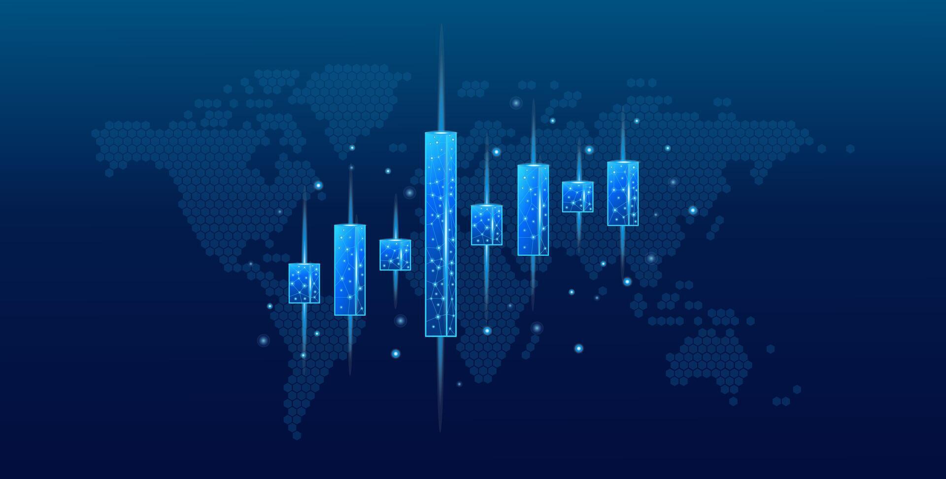 A 3D digital stock market candle isolated on a technological background of a blue global map vector