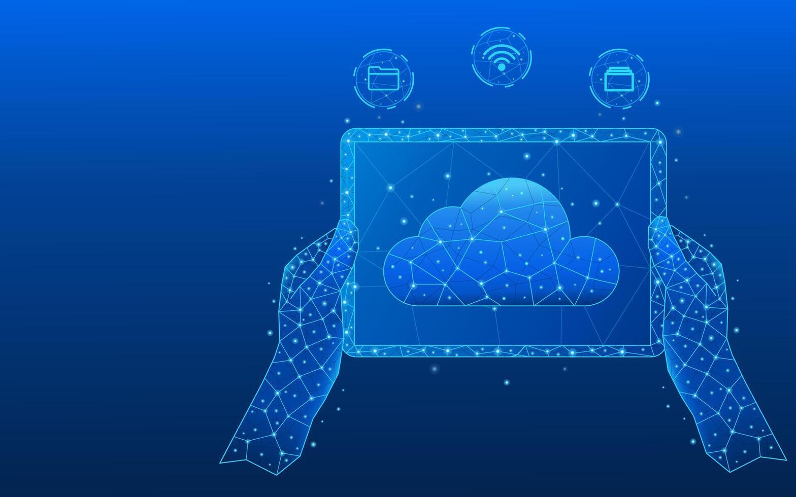 Hands holding a tablet. Abstract digital cloud computing icon with icons on a futuristic background vector