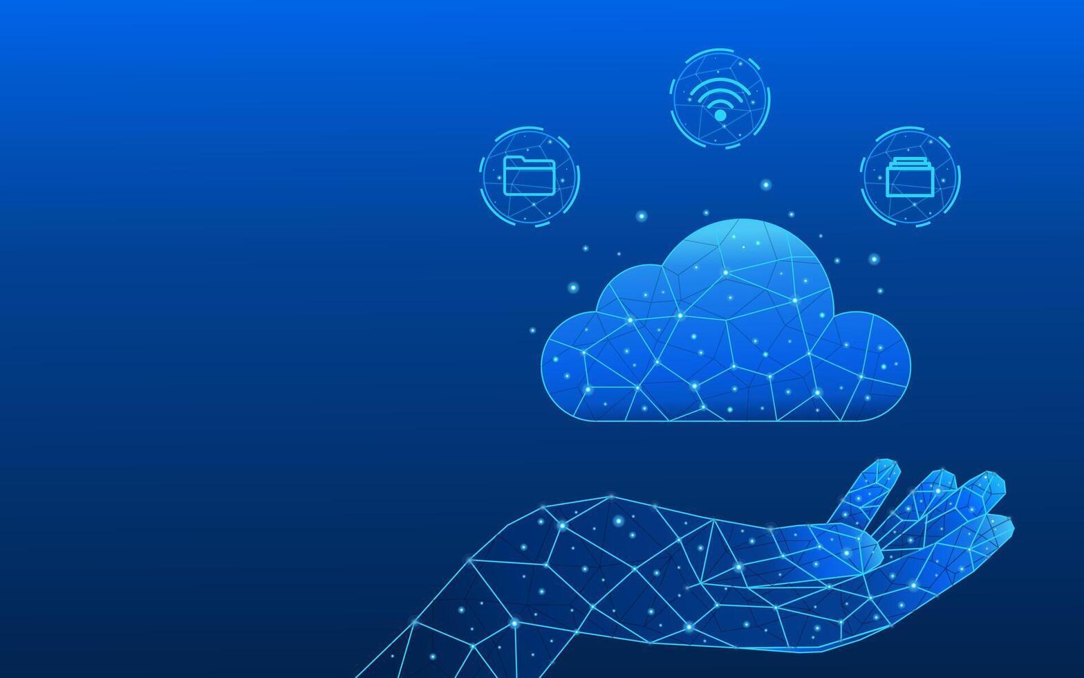 Abstract hands holding a low-poly digital cloud computing icon vector
