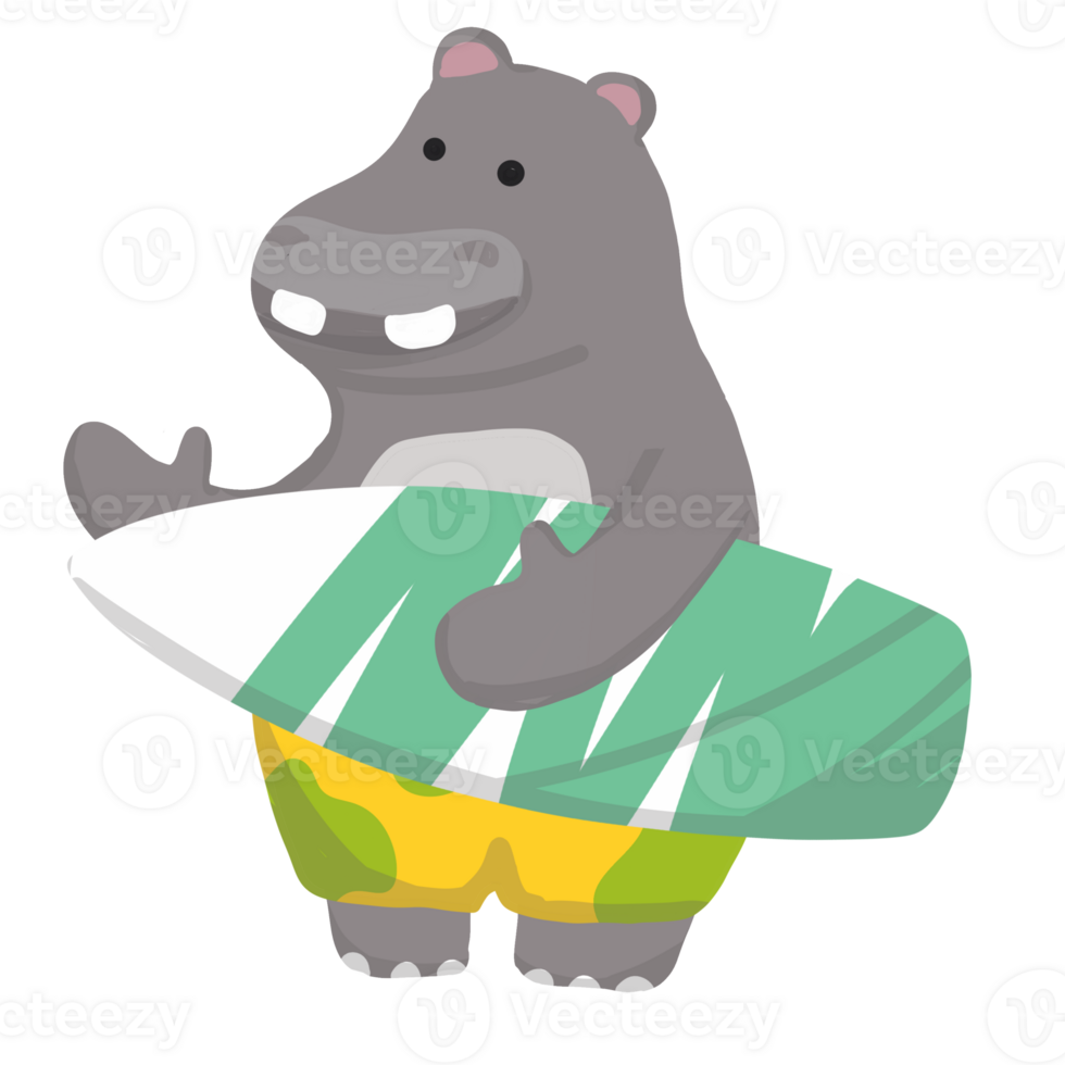 Surfing hippo character beach scene digital art whimsical fun cartoon style png