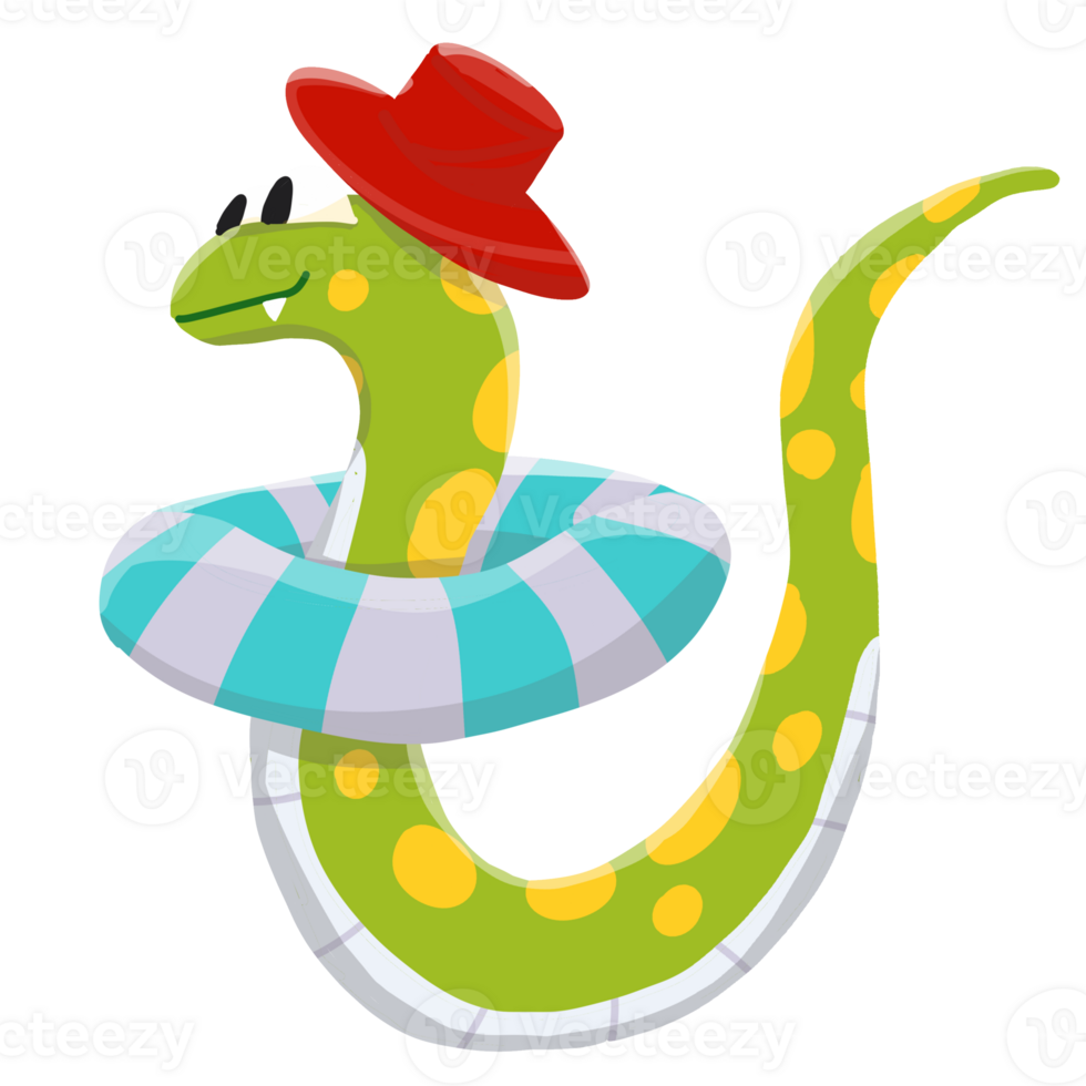 A cheerful cartoon snake enjoys a summer day floating in a pool with a lifebuoy. png
