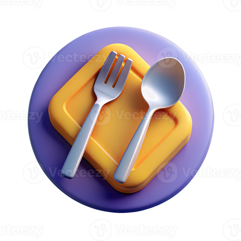 Artistic 3d rendering of a silver fork and spoon on a colorful plate png