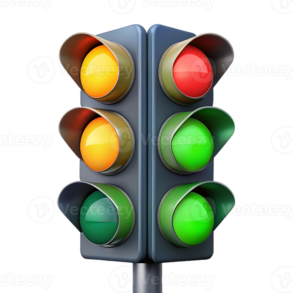 A highly detailed, 3D rendering of a traffic light, displaying all the standard colors red, yellow, green. png