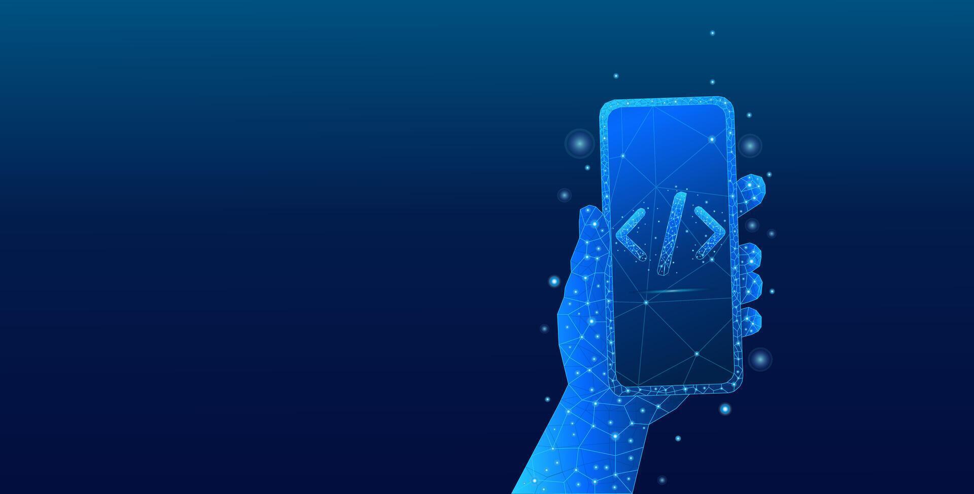 Digital hand holding a smartphone with a programming code symbol vector