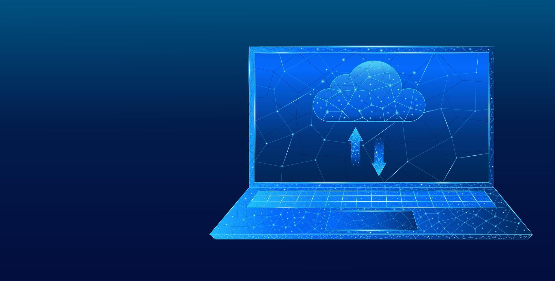 Abstract laptop with digital cloud computing in low-poly style vector