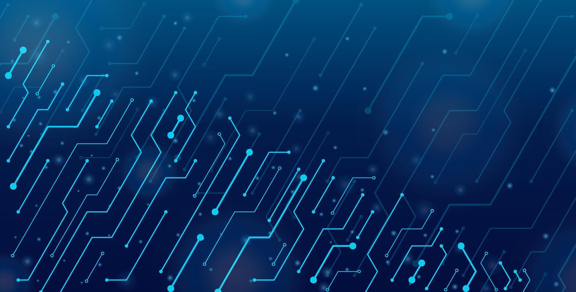 Digital abstract circuit board on a glowing blue technological background. Circuit board with connected lines and dots. Technological background with a navy blue gradient vector