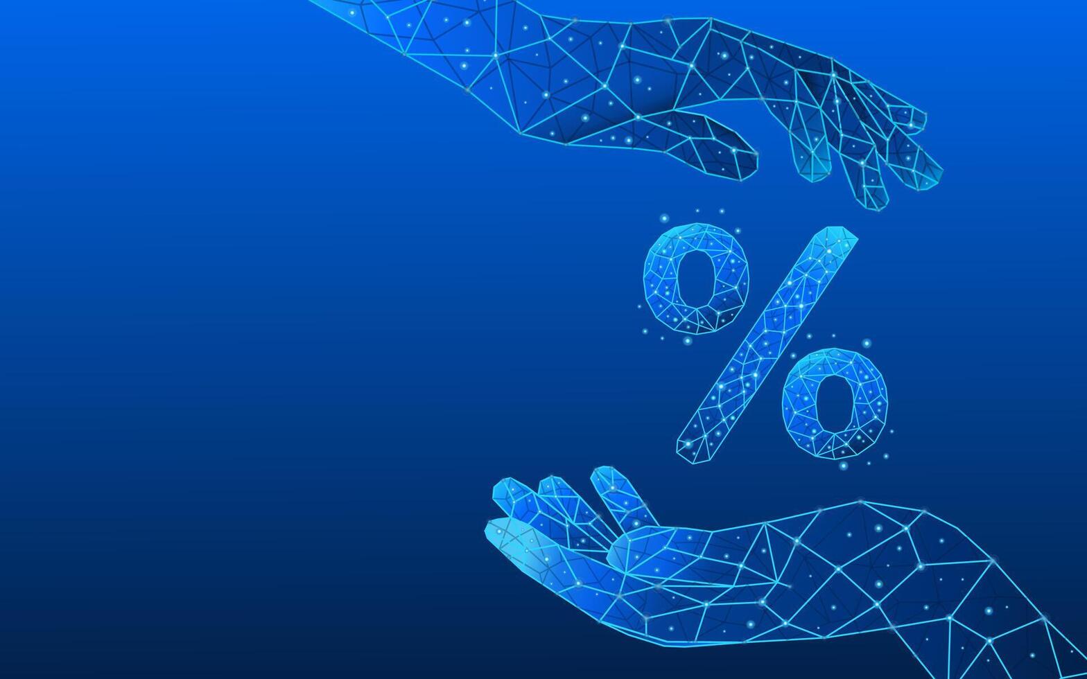 Digital business hands holding a digital percentage icon in a low-poly style vector