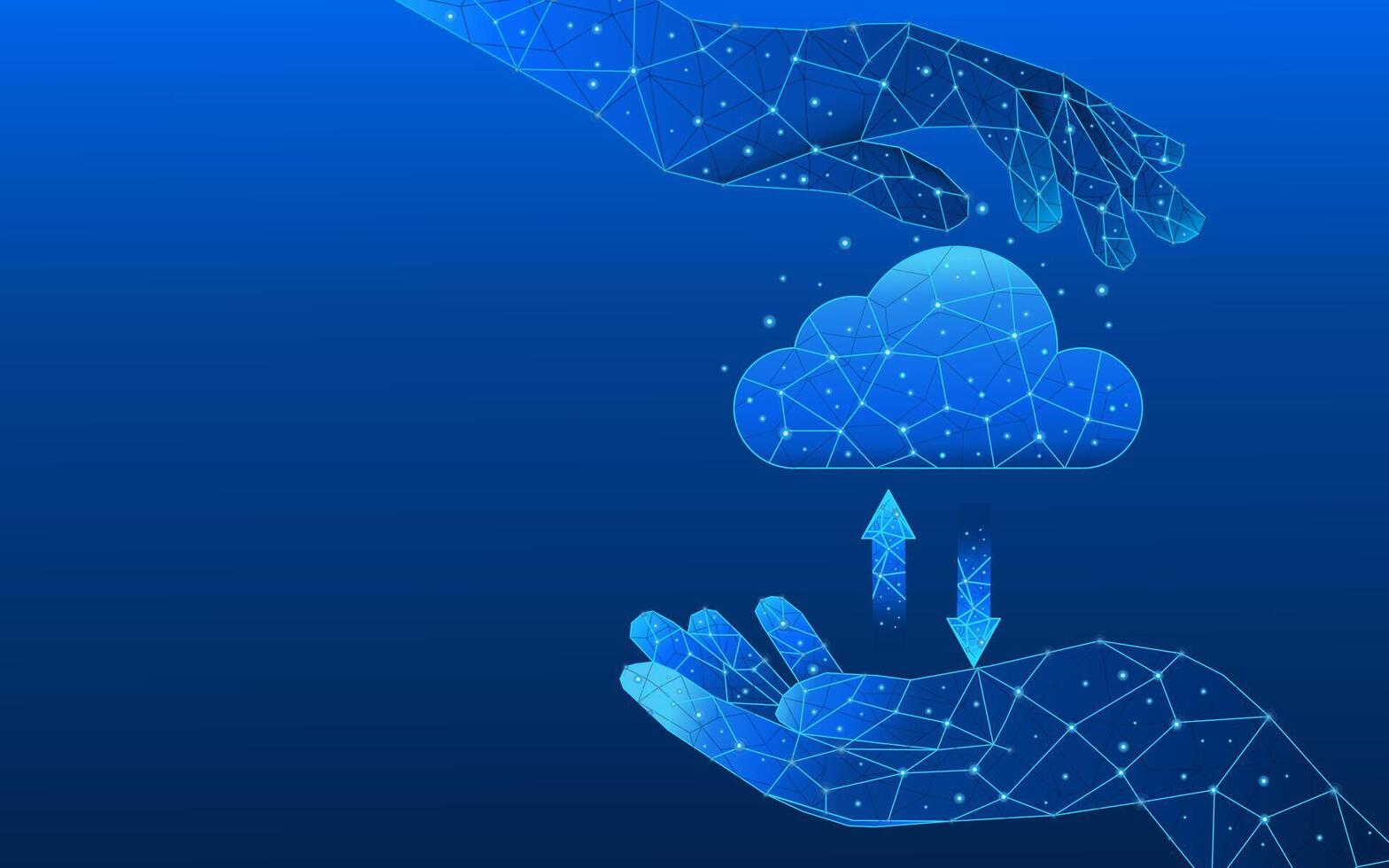 Abstract hands holding a digital cloud computing icon with low-poly up and down arrows vector