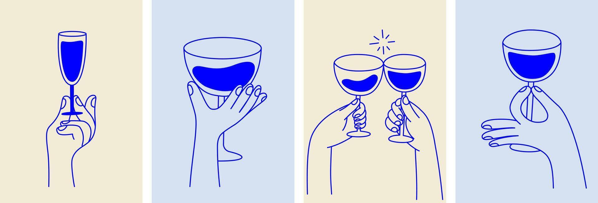 Simple organic illustration in minimalist linear style with hands holding wine glasses, celebration vector
