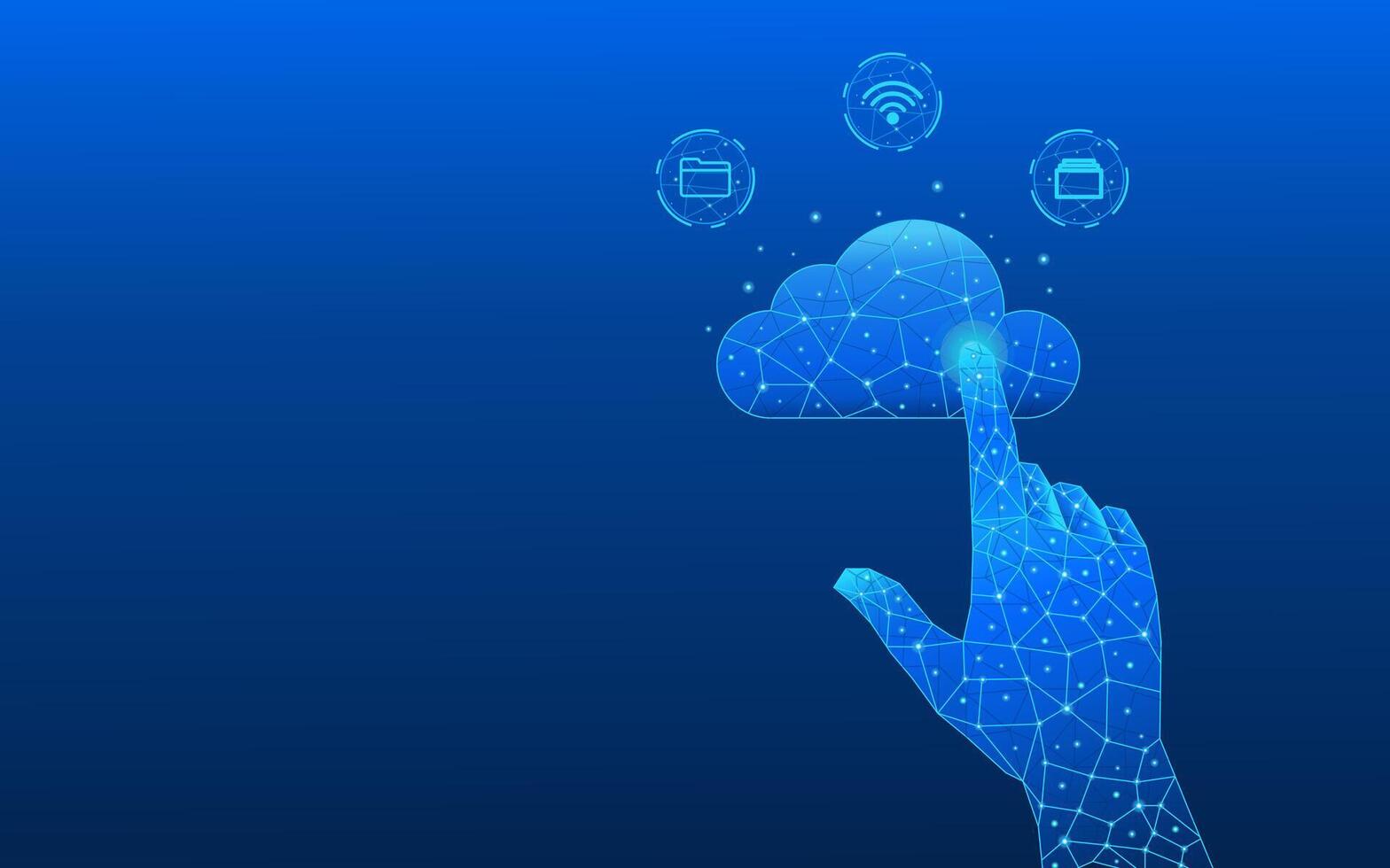 Abstract hand touching a low-poly digital cloud computing icon vector