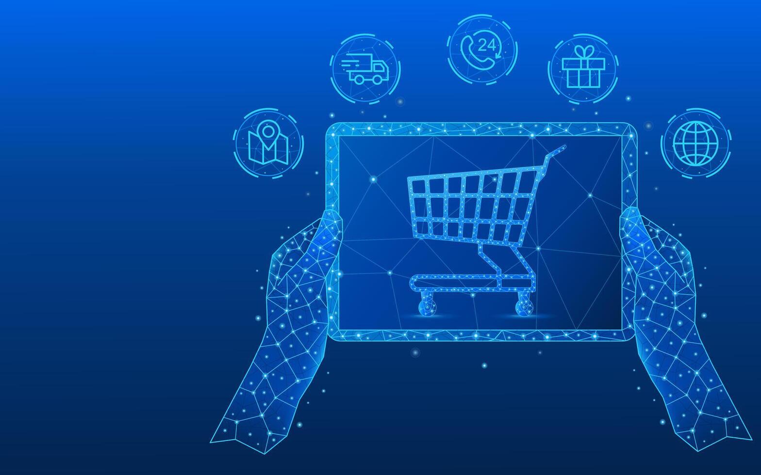 Hands holding tablet in foreground e-commerce low poly style electric blue vector