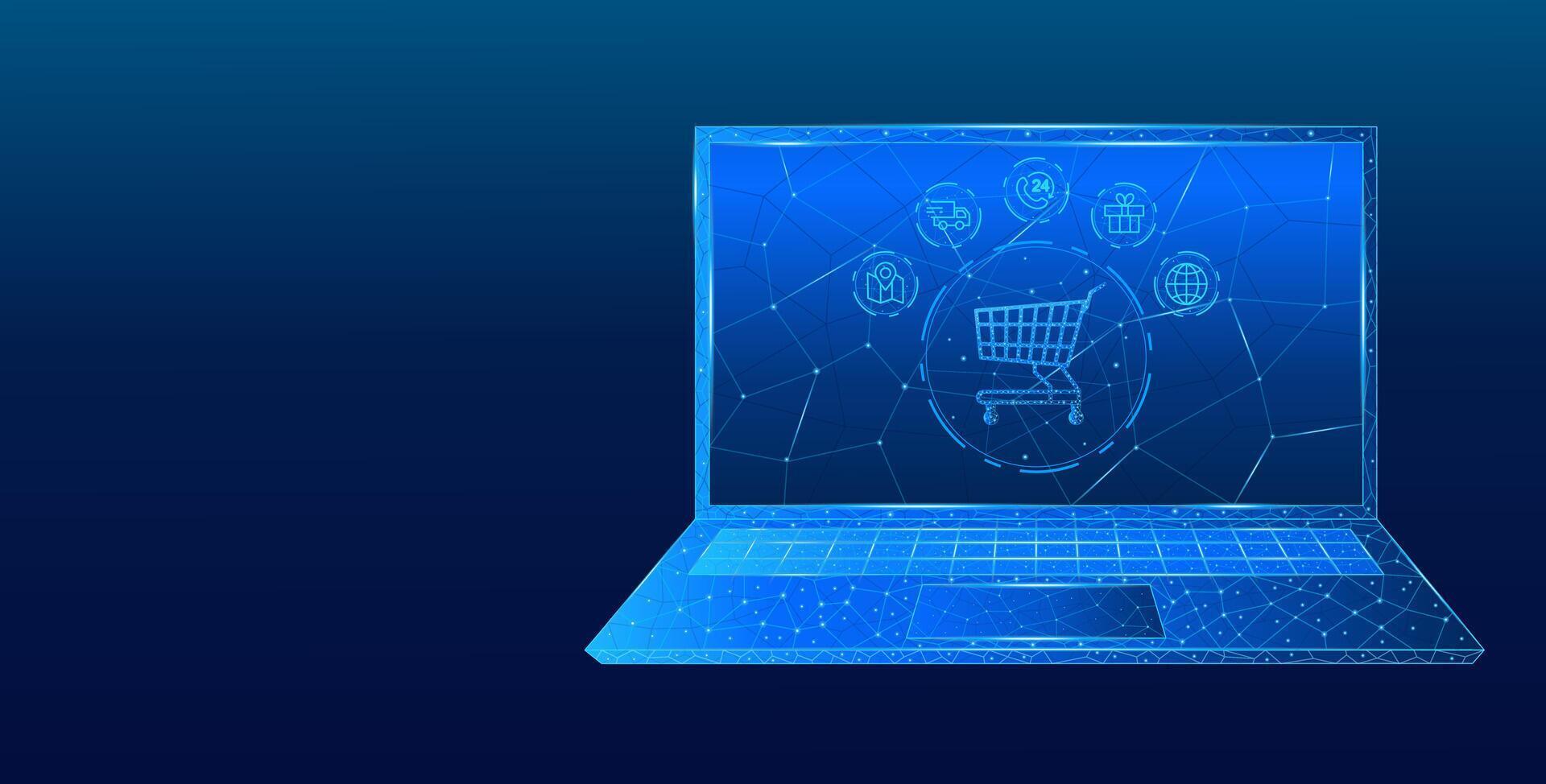 Laptop in foreground, low poly e-commerce style, electric blue vector