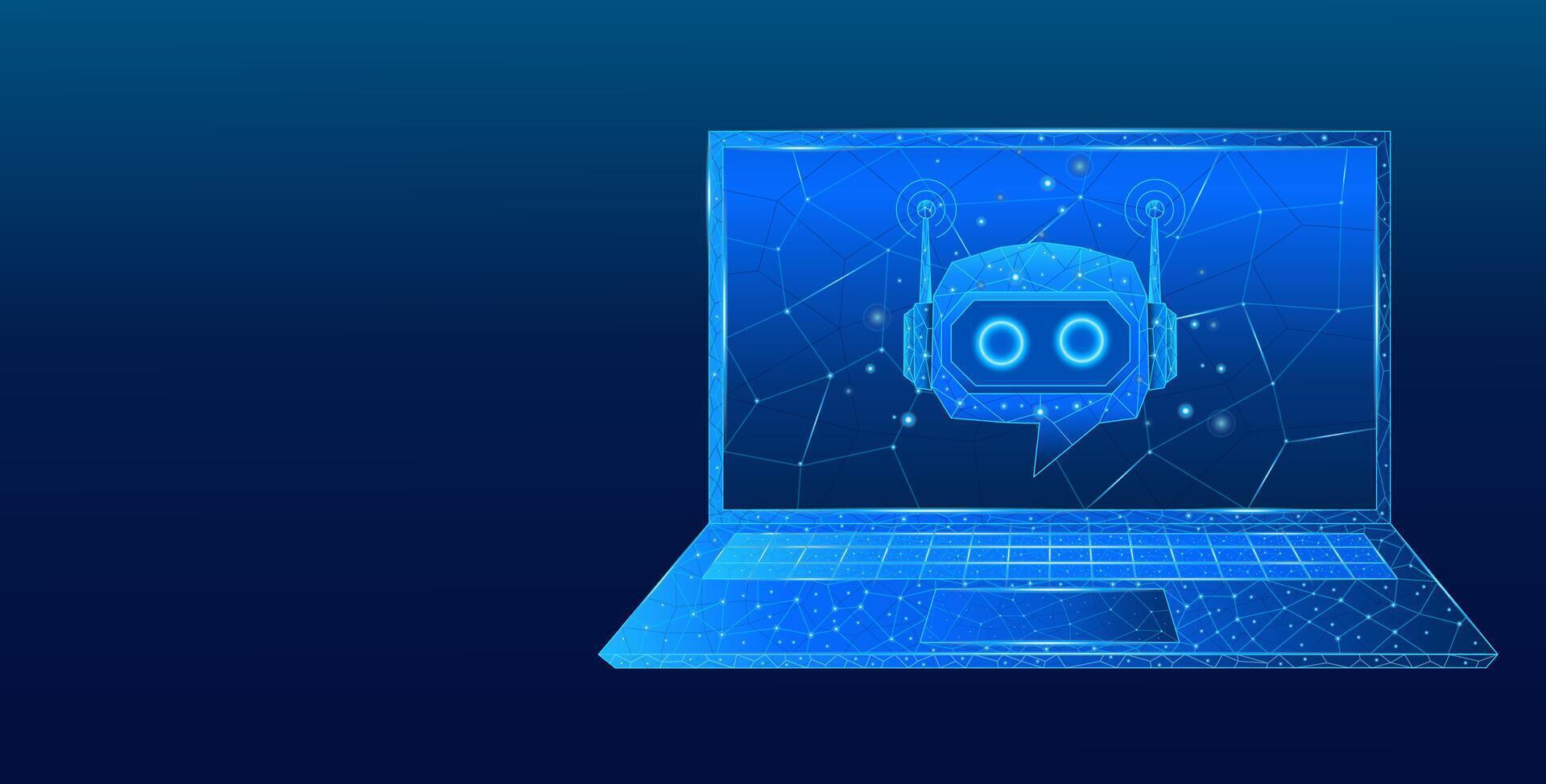 Chatbot robot head icon created with technological blue binary code on a laptop screen vector