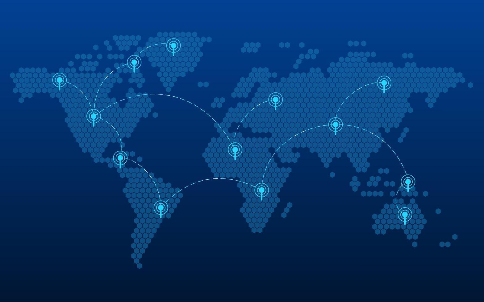 World map in the form of a hexagon on a blue background. Global networks vector