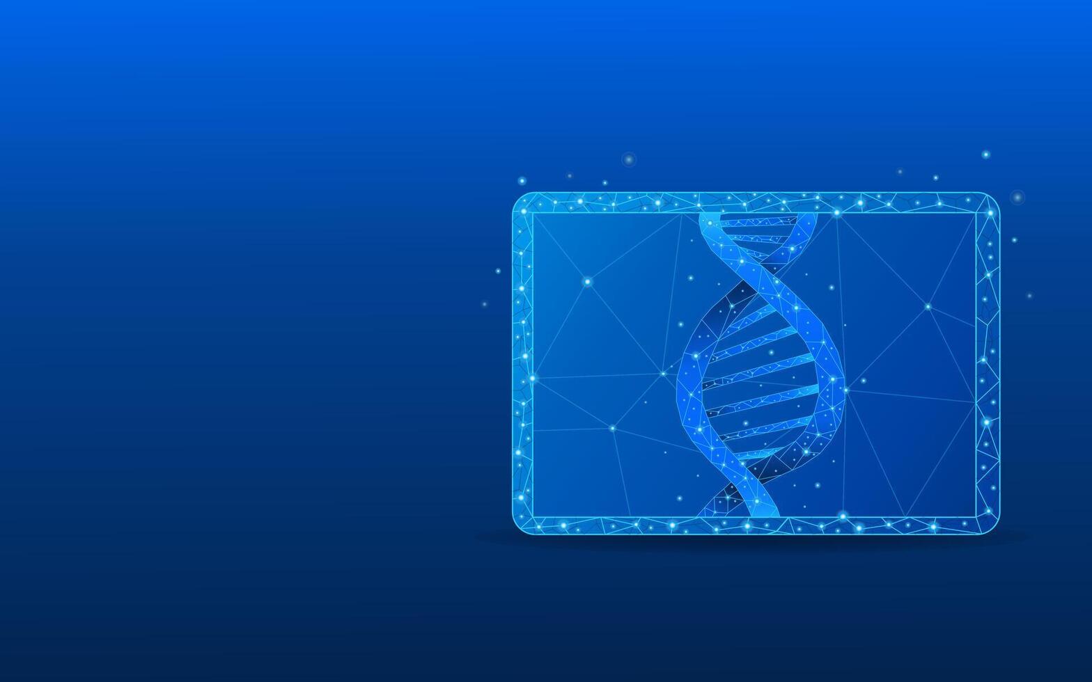 Tablet in foreground low poly wireframe of genetics and biotechnology science vector