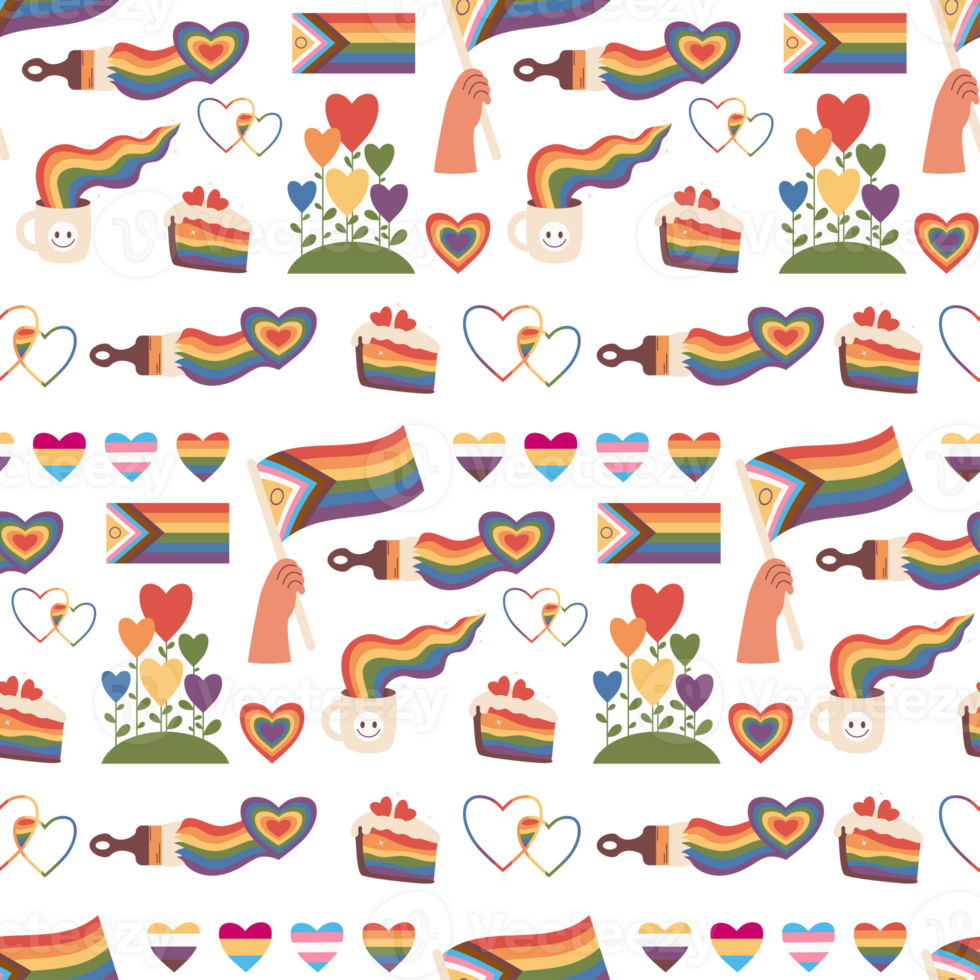 Pride month. Seamless Pattern LGBT Rainbow Hearts, flags, symbols LGBTQ community. png