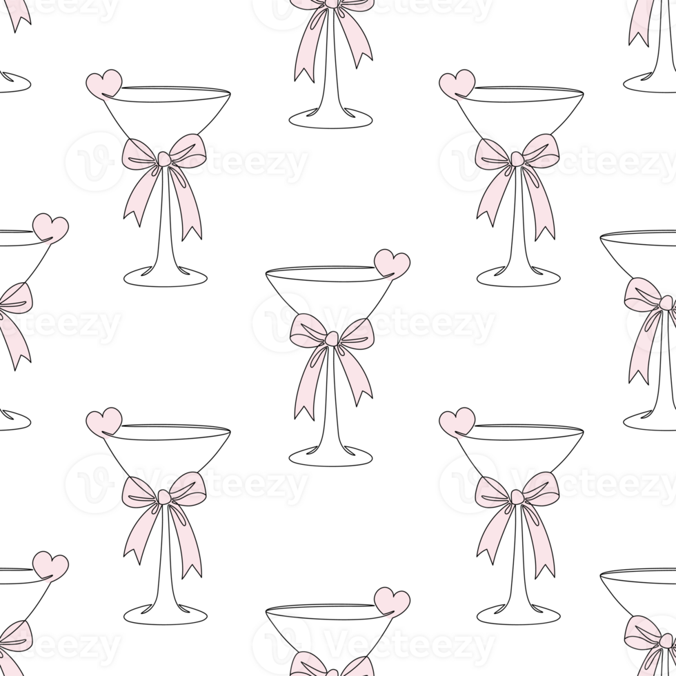 Seamless Pattern Glass Cocktail with Pink Bow and Heart. One Continuous Line. Aesthetic Drink png