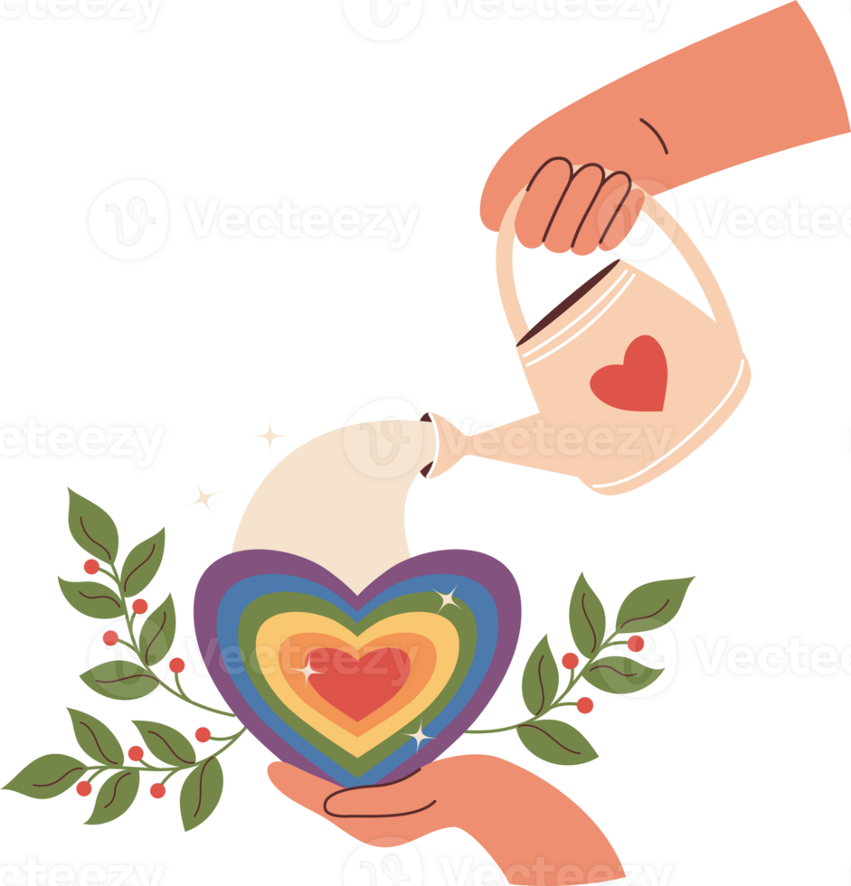LGBT Rainbow Heart in hand Water from Garden Watering Can png
