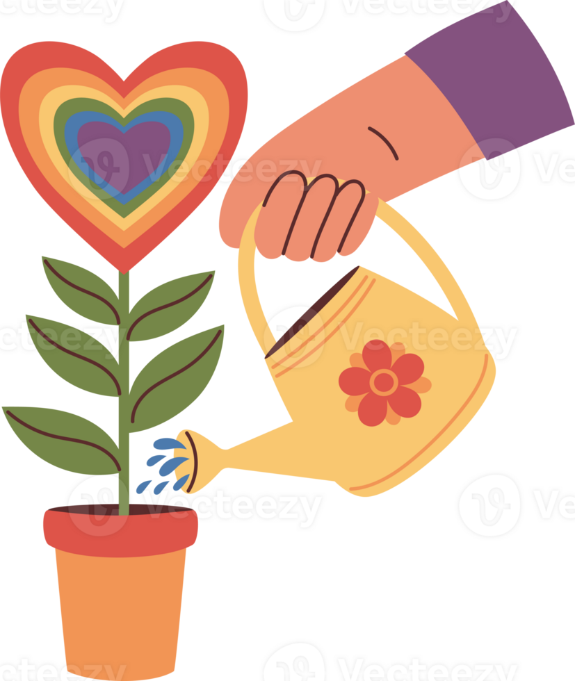 Pride Month. Flowerpot Rainbow Heart Flower and Garden Watering Can png