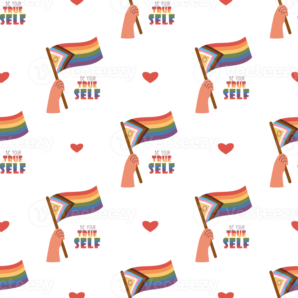 Seamless Pattern Hand with Progress Pride Flag. LGBT rainbow symbol png