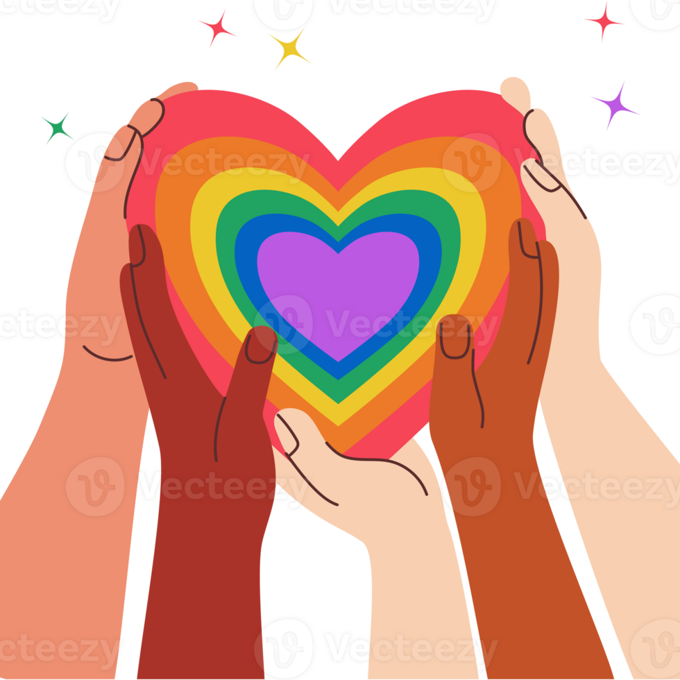Pride month. Diverse Hands and Rainbow LGBT Heart png