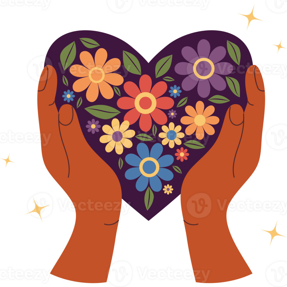 Rainbow LGBT Floral Heart Held by Ethnic Black Hands png