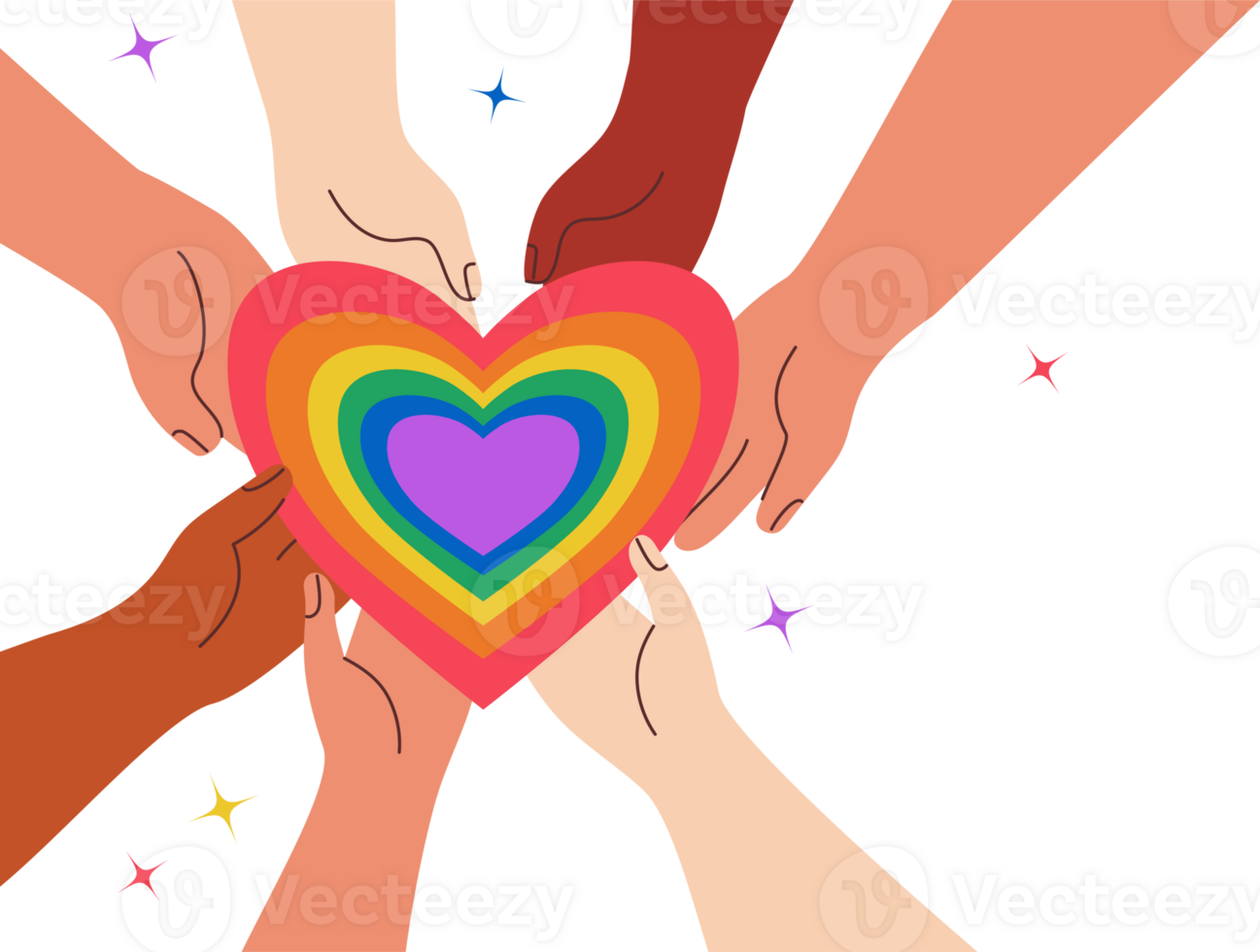 Pride month. LGBTQ Pride Parade. Diverse Hands with Rainbow LGBT Heart png