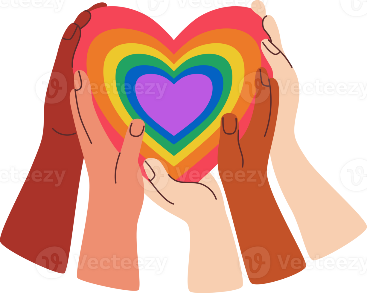 LGBTQ Pride Parade. Pride month. Diverse Hands with Rainbow LGBT Heart png