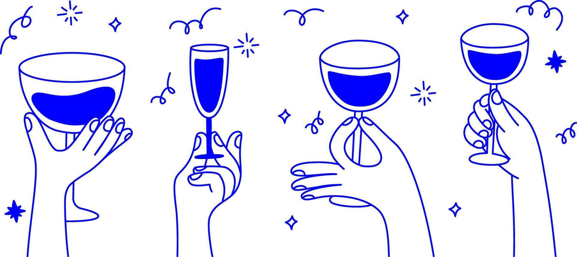 Simple organic illustration in minimalist linear style with cartoon hands holding wine glasses vector