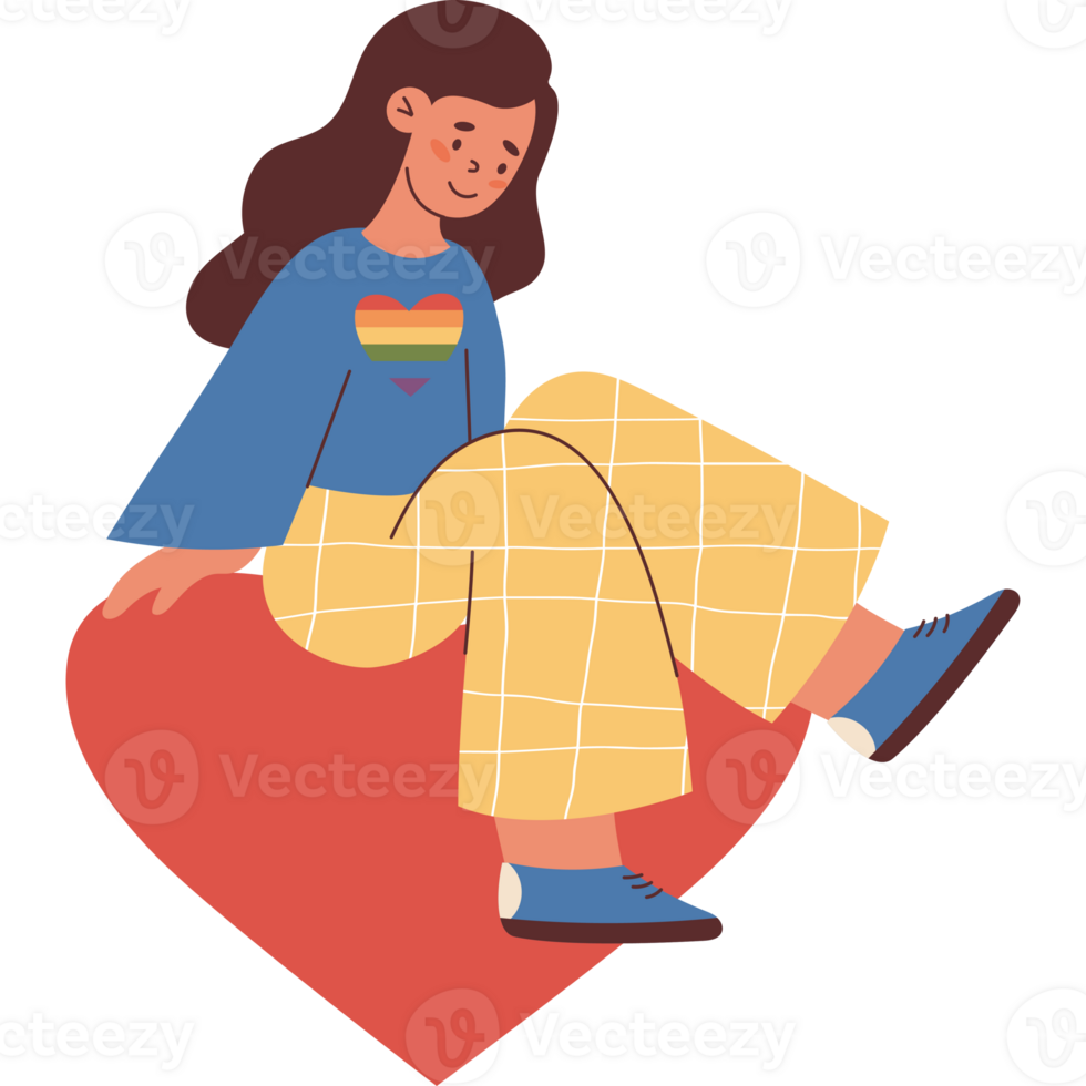 Pride Month. Girl Sitting on big red Heart png