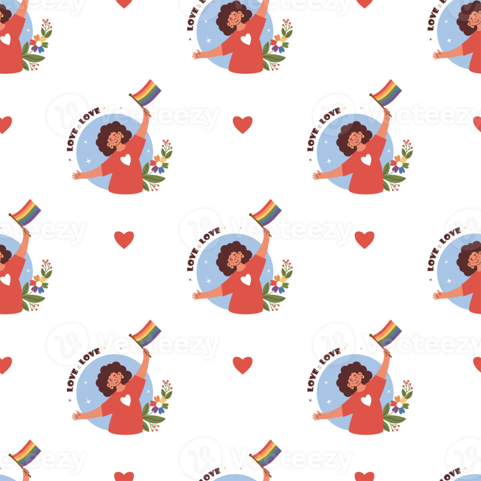 Seamless Pattern Happy LGBT Women with Rainbow Pride Flag. LGBTQ community png