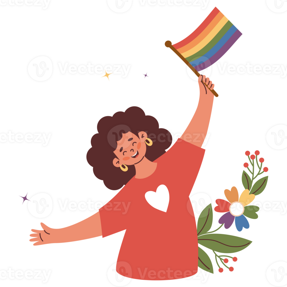 LGBTQ Pride Celebration. Cute Woman with Rainbow Pride Flag png
