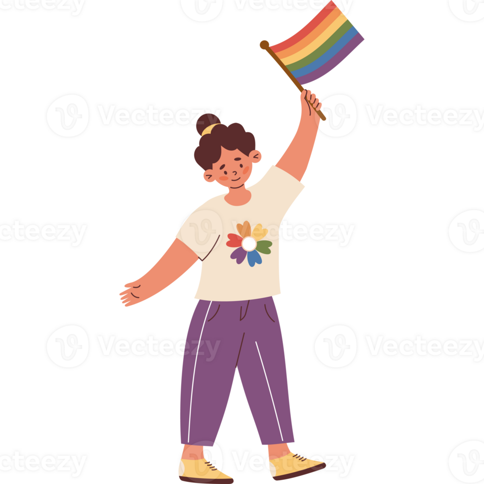 LGBTQ community. Happy Woman with Rainbow Flag. Festive Lesbian Girl symbolizing LGBT pride png