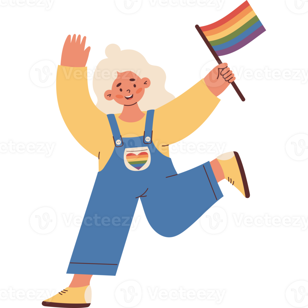 LGBTQ community. Happy Woman with Rainbow Flag png