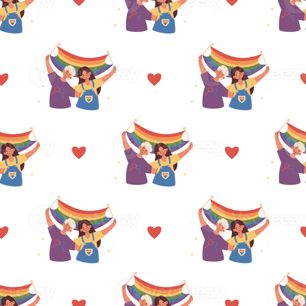 Seamless Pattern Happy LGBT Women Lesbians with Rainbow Pride Flag png