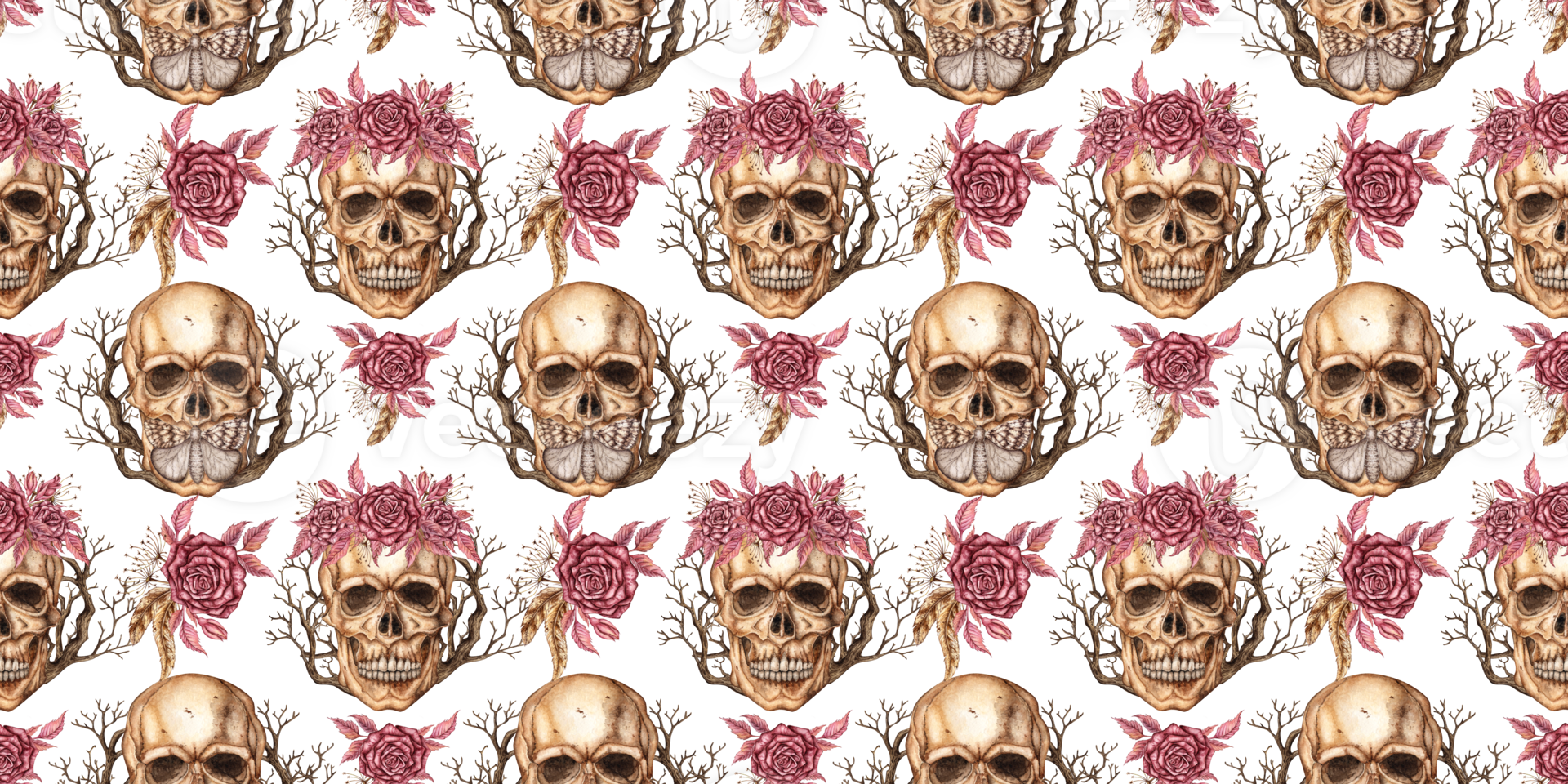 Human skull with dark red roses, buds, dry twigs and moth watercolor illustration. Bones in gothic style. Day of the Dead, Halloween, Dia de los muertos. Isolated. Symbolism of life and death. Pattern png