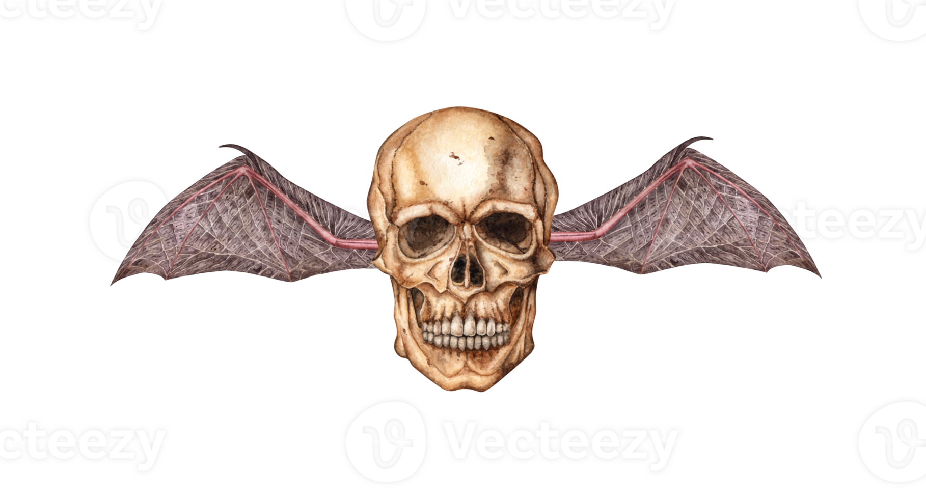 skull realistic front with bat wings watercolor illustration. Bones in gothic style. Day of the dead, Halloween, Dia de los muertos. Isolated from background. Symbolism of life and death. png