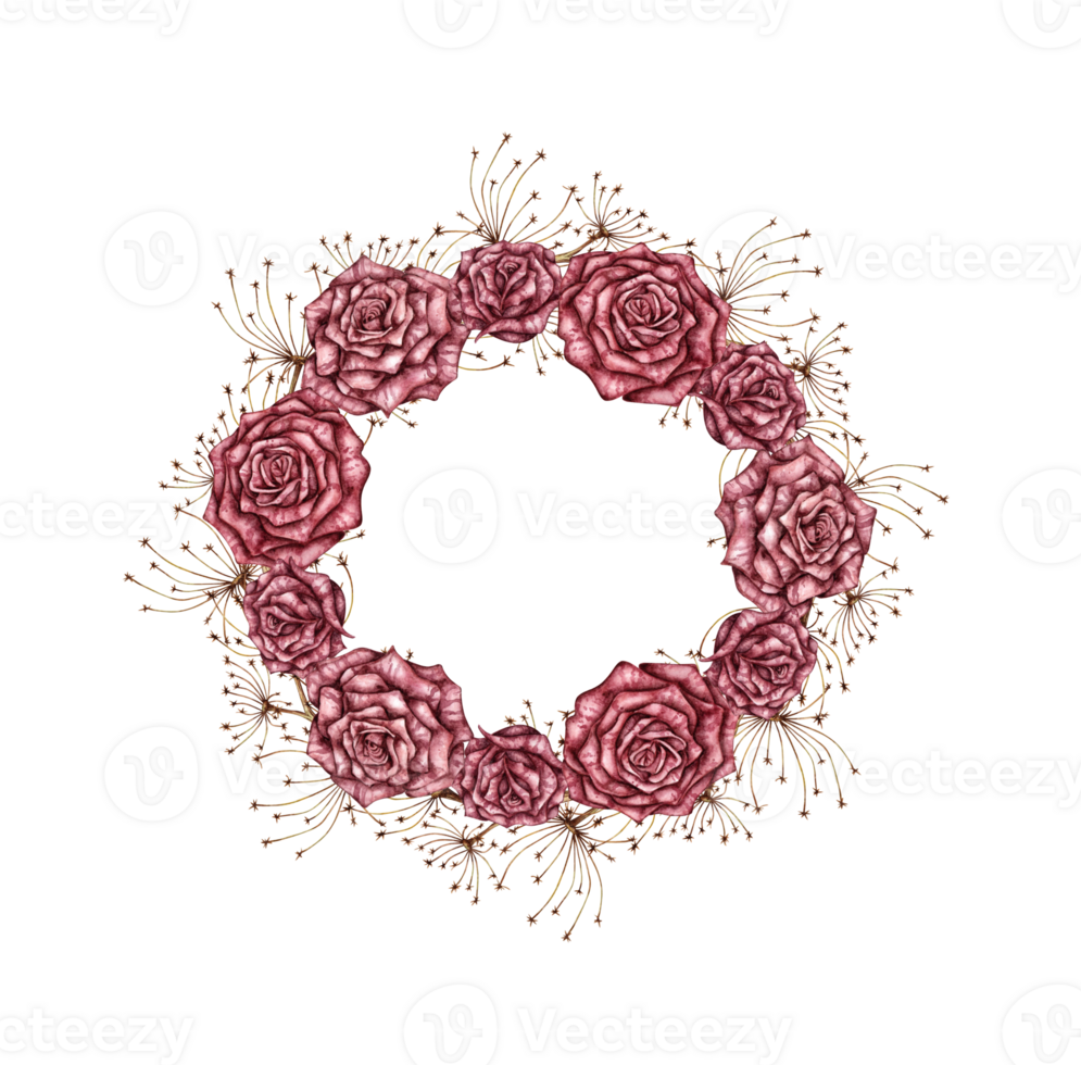 Rose maroon and dried flowers, gothic wreath watercolor illustration. Halloween or Day of the Dead botanical decoration. Frame isolated from background. Gothic design. png