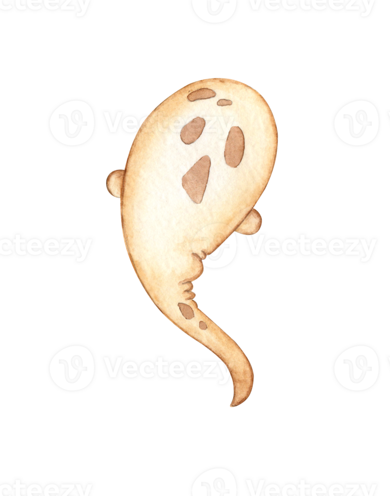 Ghost small, beige color, with cute creepy expression watercolor illustration, hand drawn. Halloween spirit, isolated. Perfect for holiday, children's designs or seasonal decor. png