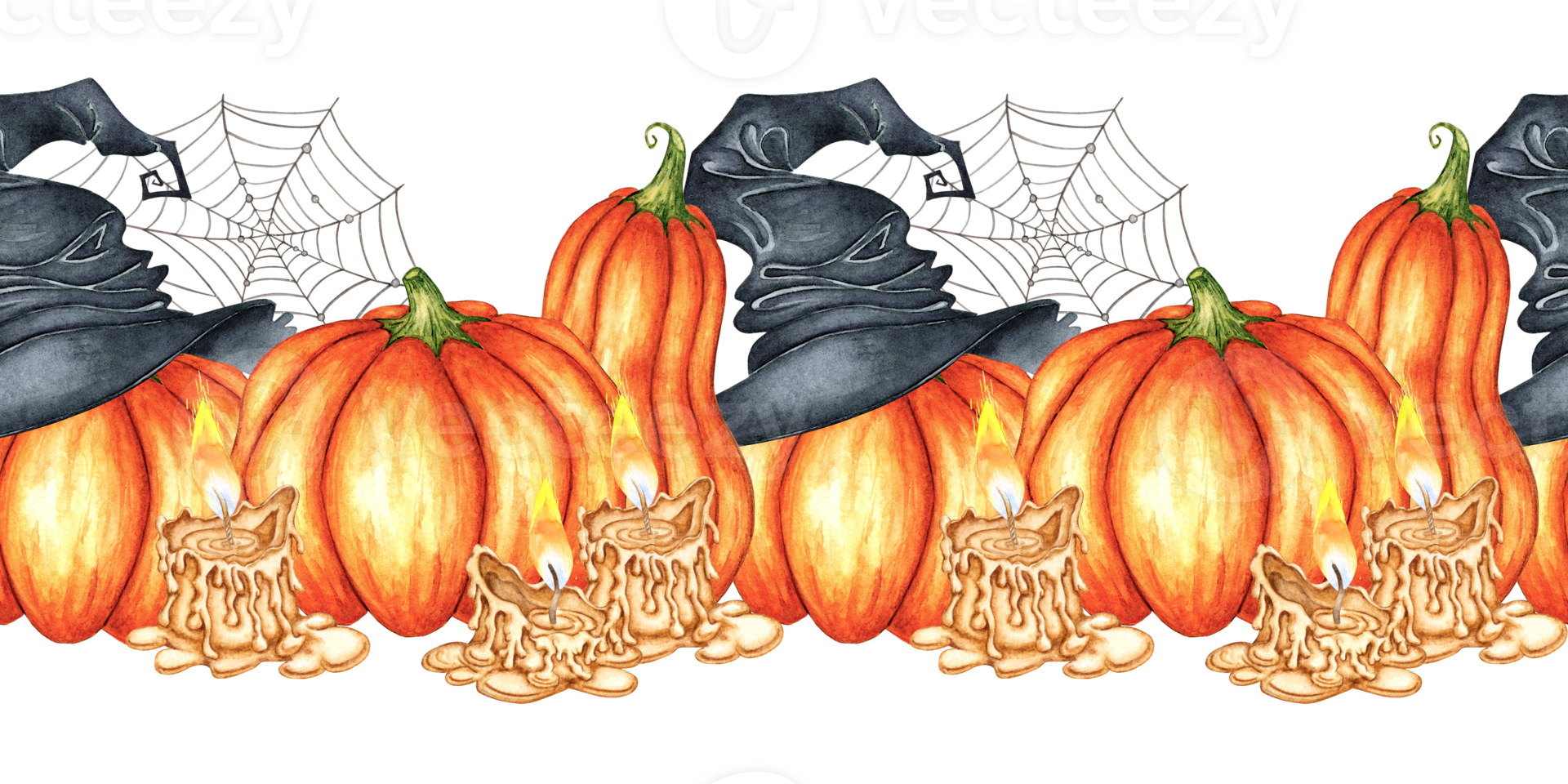 Pumpkins candles spider web witch hat pattern horizontal watercolor png