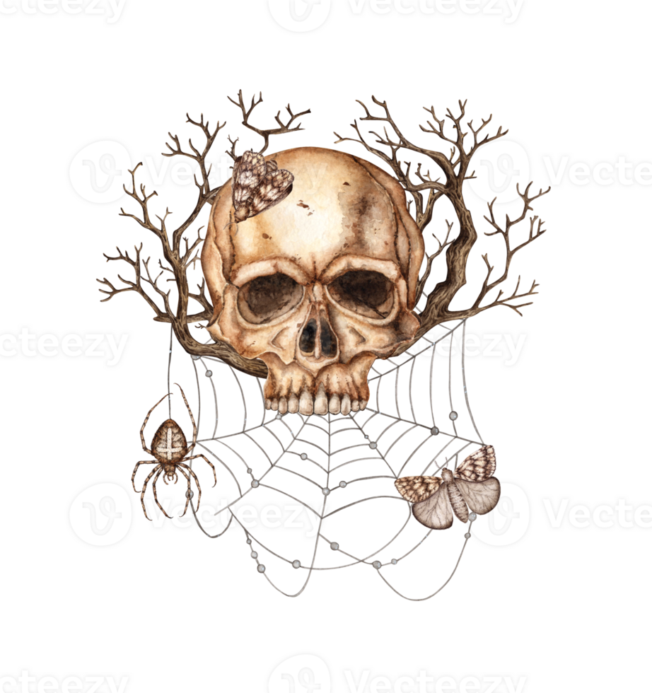 Skull face with dried flowers and branches, cobweb, spider and butterflies watercolor illustration. Bones gothic style. Day Dead, Halloween, Dia de los muertos. Isolated. Symbolism of life and death. png
