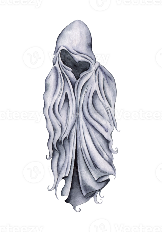 Ghost of death, in black robe, reaper in rags watercolor illustration, hand drawn. Halloween spirit, isolated from background. Perfect for holiday, children's designs or seasonal decor. png