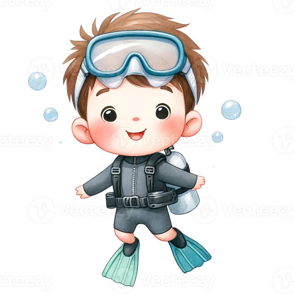 A cheerful child enjoying a fun underwater adventure with scuba gear. png
