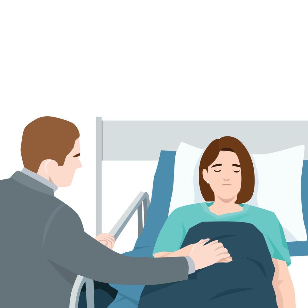 Concerned man comforts a sick woman resting in a hospital bed, Support during her recovery. vector