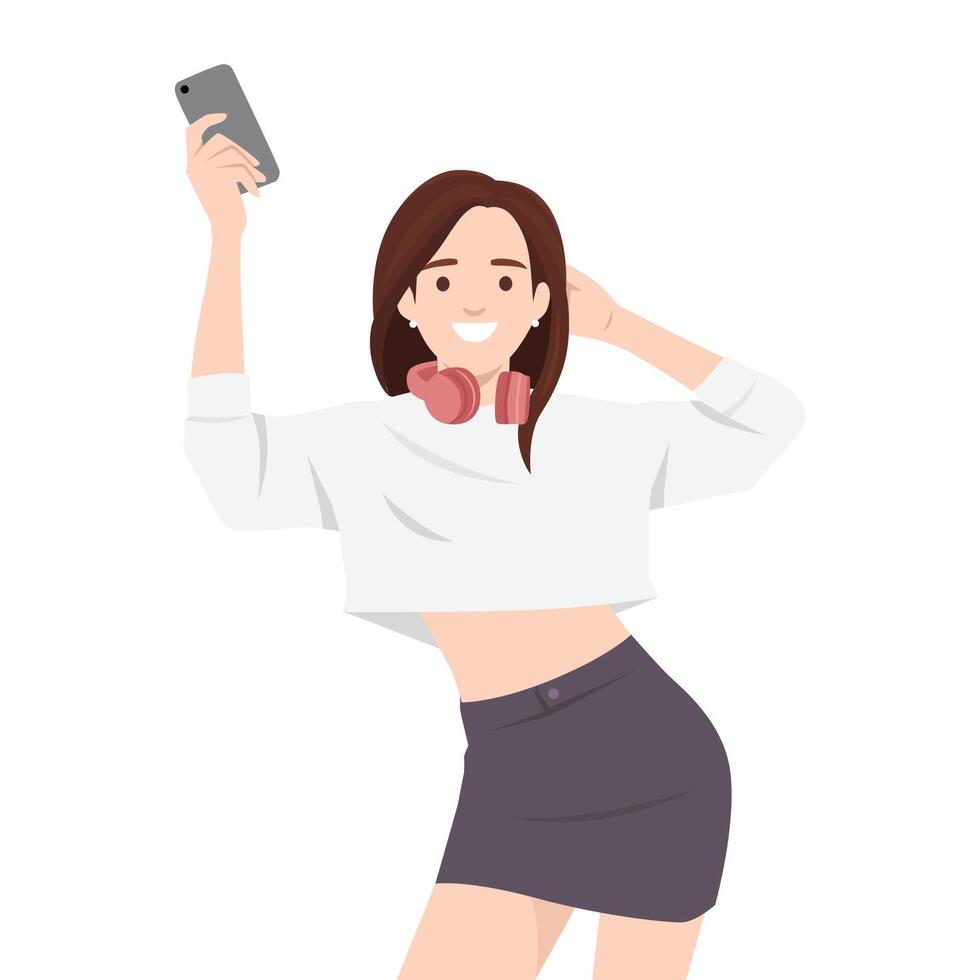 Fashionable woman poses confidently with headphones around her neck and a phone raised for a selfie. vector