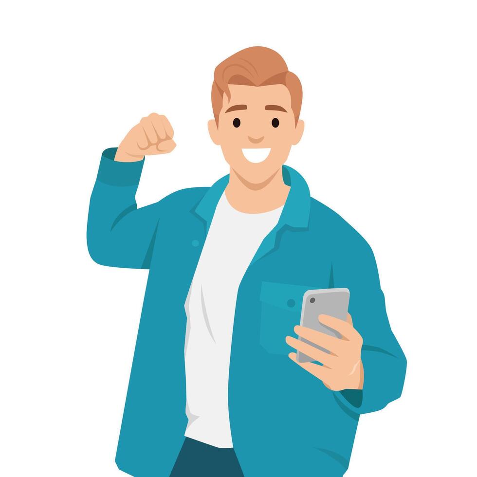 Cheerful young man raises his fist in excitement while holding a smartphone. vector