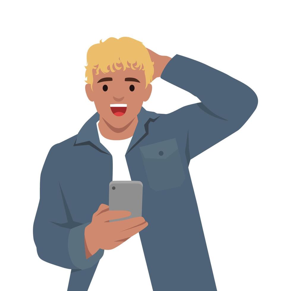 Cheerful young man with blond hair reacts with excitement while checking his smartphone. vector