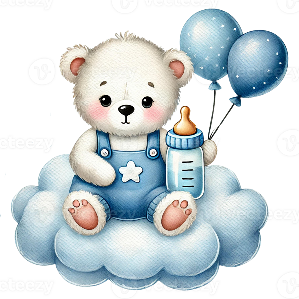 Cute bear illustration with balloons and a baby bottle. png